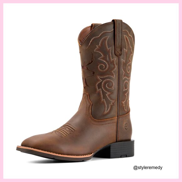Men's Square Toe Western Boots Leather Oil Slip Resistant Pull On